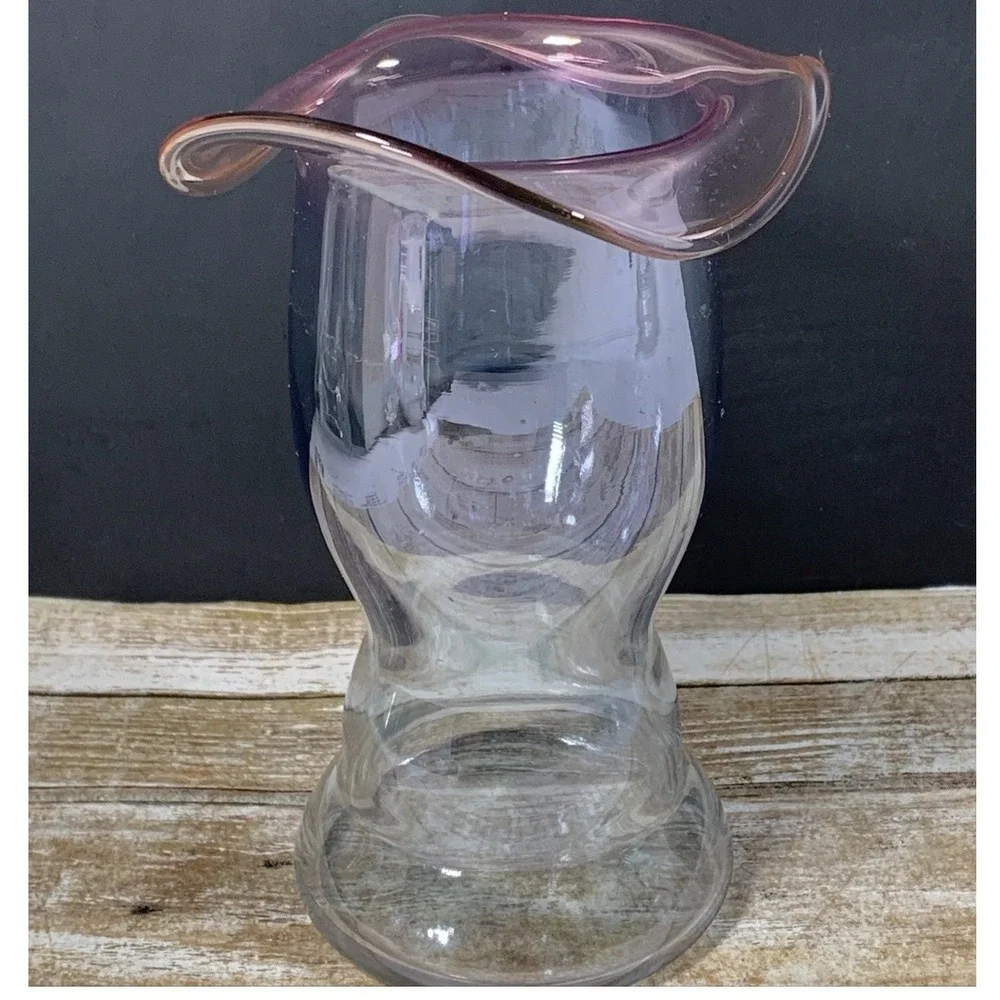 Hand Blown Art Glass Vase Pink Ruffled Fold Over Rim Clear Pedestal Base MCM